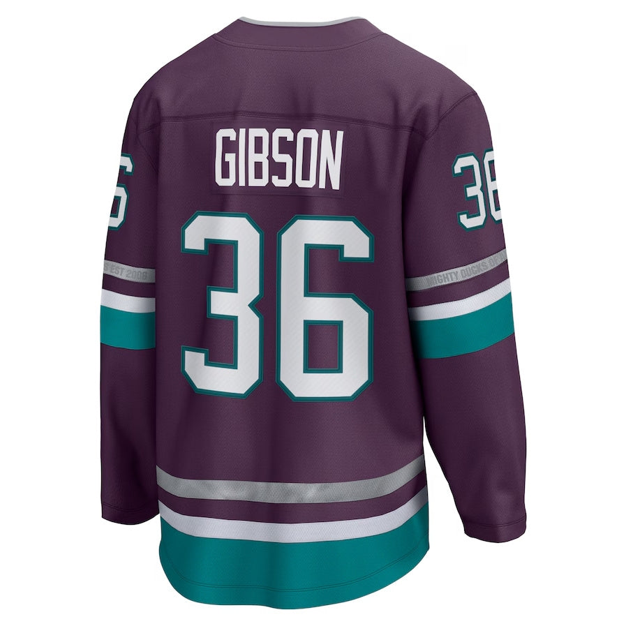 A.Ducks #36 John Gibson Fanatics 30th Anniversary Premier Breakaway Jersey - Purple Stitched American Hockey Jerseys